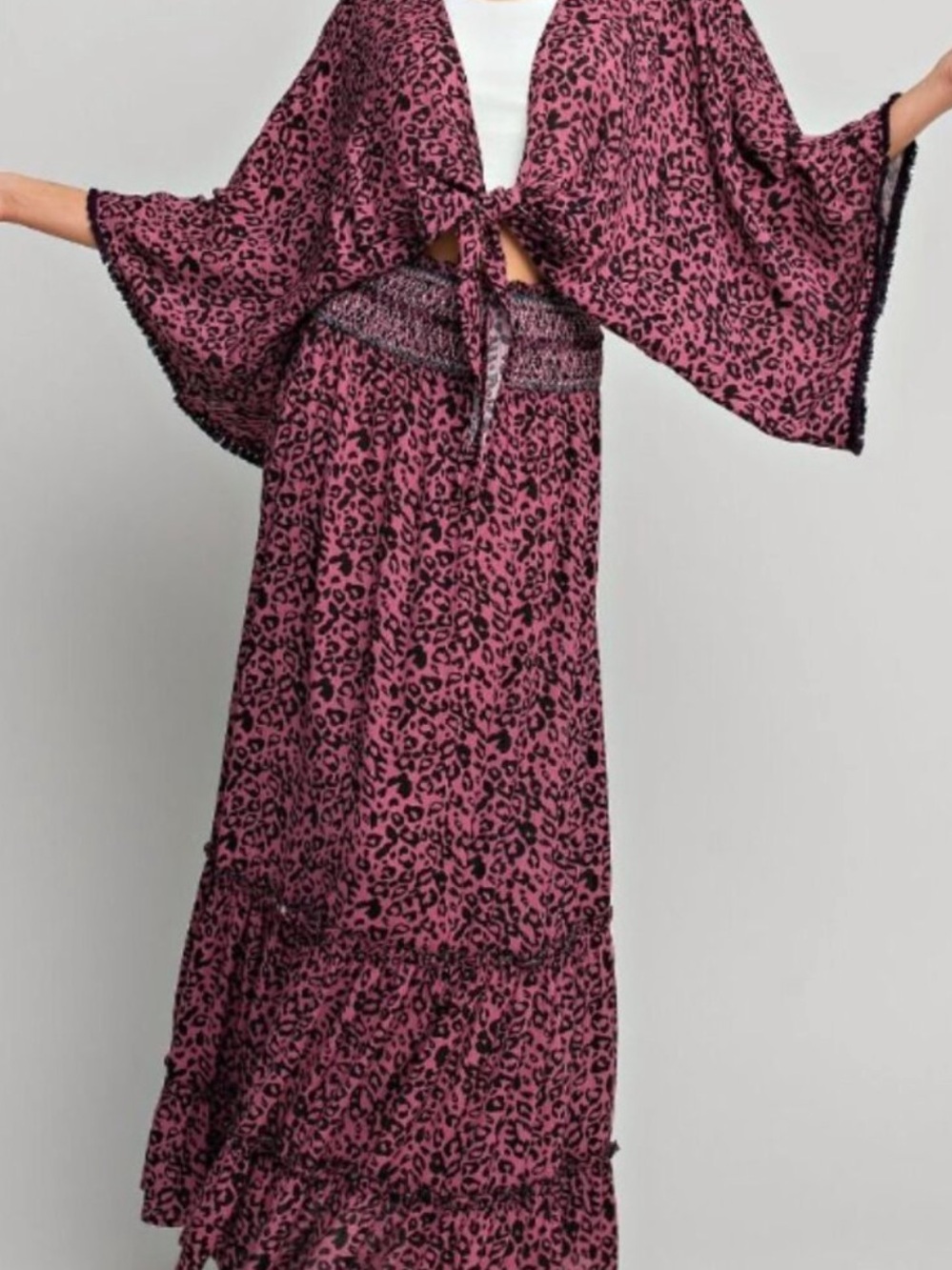 NEW Easel Leopard Print Kimono & Skirt Set in Hot Pink